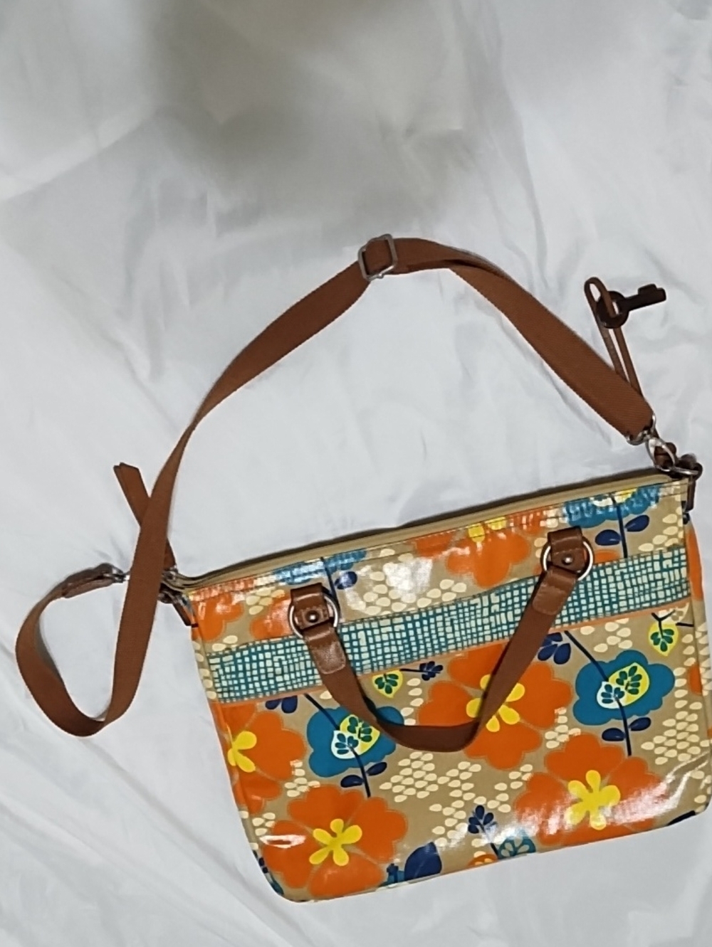 Fossil Vintage Floral Coated Canvas Crossbody Tote in Orange & Tan NWOT